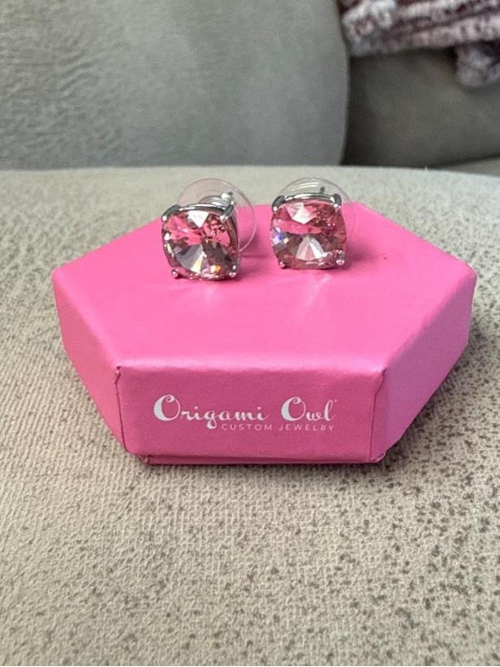 Origami Owl Rose Pink Cushion Crystal Stud Earrings